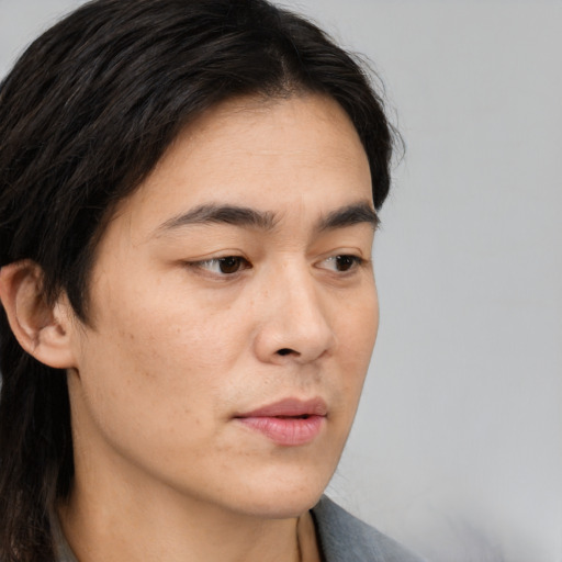 Neutral asian young-adult male with long  brown hair and brown eyes