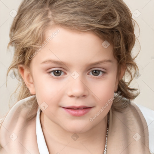 Joyful white child female with medium  brown hair and brown eyes