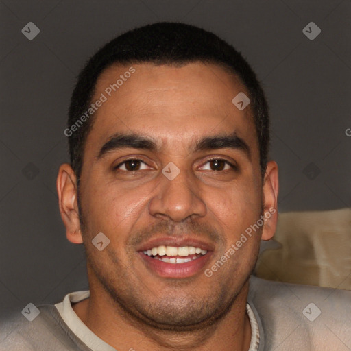 Joyful black young-adult male with short  brown hair and brown eyes