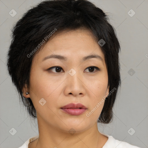 Neutral asian young-adult female with medium  brown hair and brown eyes