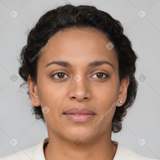 Joyful latino young-adult female with short  brown hair and brown eyes