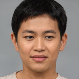 Joyful asian young-adult male with short  brown hair and brown eyes