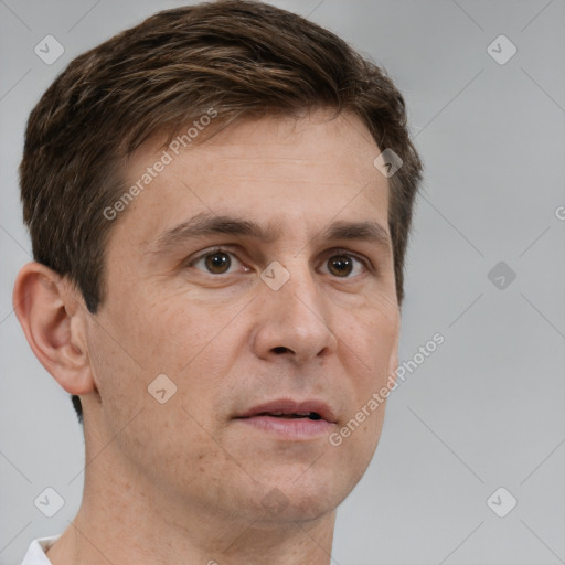 Neutral white adult male with short  brown hair and brown eyes