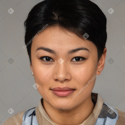 Joyful asian young-adult female with medium  black hair and brown eyes