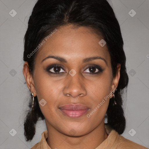 Joyful black young-adult female with medium  black hair and brown eyes