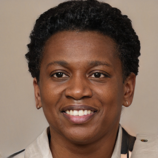 Joyful black young-adult female with short  black hair and brown eyes