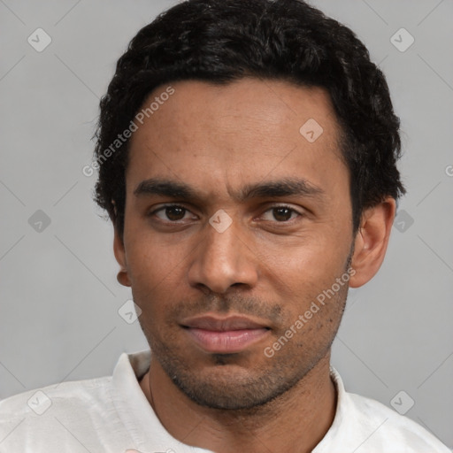 Neutral latino adult male with short  black hair and brown eyes