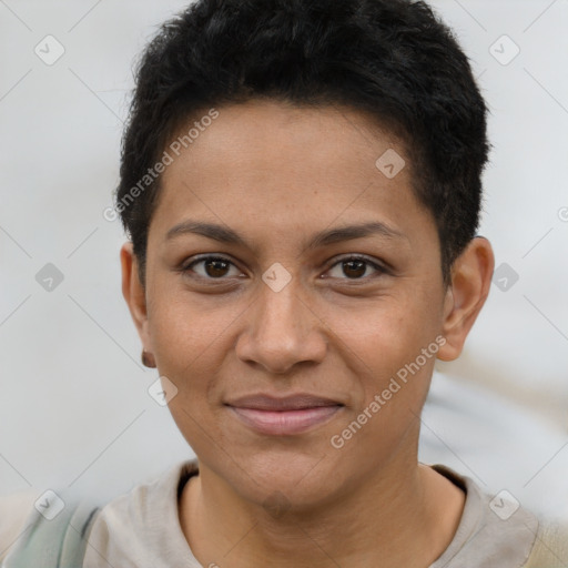 Joyful latino young-adult female with short  brown hair and brown eyes