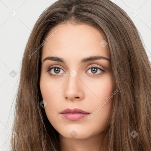 Neutral white young-adult female with long  brown hair and brown eyes