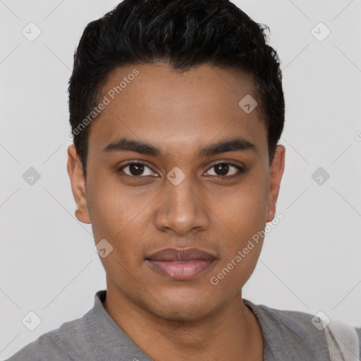 Neutral latino young-adult male with short  black hair and brown eyes