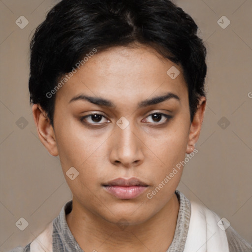 Neutral latino young-adult female with short  brown hair and brown eyes