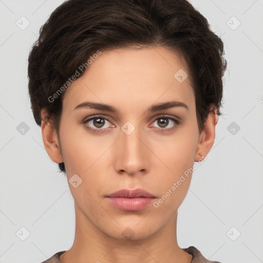 Neutral white young-adult female with short  brown hair and brown eyes