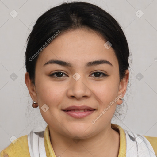 Joyful latino young-adult female with medium  brown hair and brown eyes