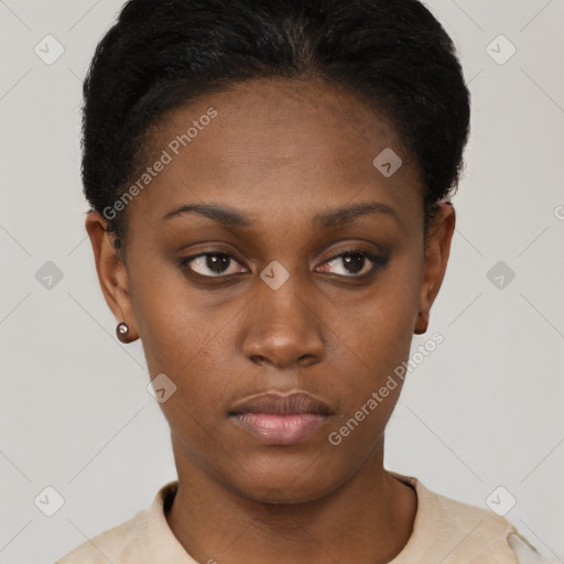 Neutral black young-adult female with short  black hair and brown eyes