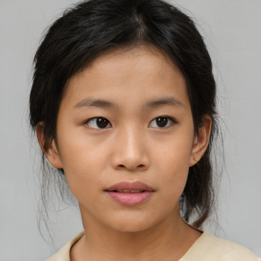 Neutral asian young-adult female with medium  brown hair and brown eyes