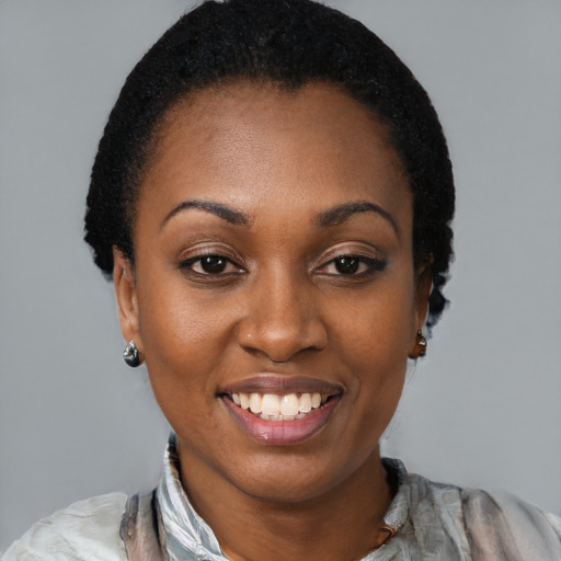 Joyful black young-adult female with short  black hair and brown eyes