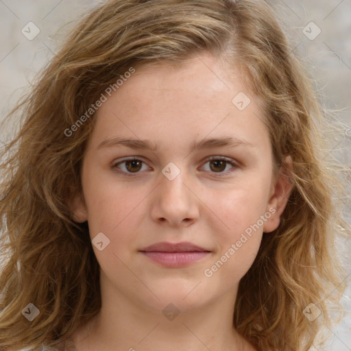 Joyful white child female with medium  brown hair and brown eyes