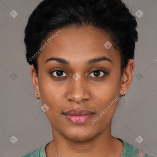 Neutral latino young-adult female with short  black hair and brown eyes