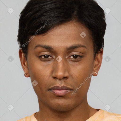 Neutral asian young-adult female with short  black hair and brown eyes