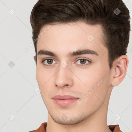 Neutral white young-adult male with short  brown hair and brown eyes