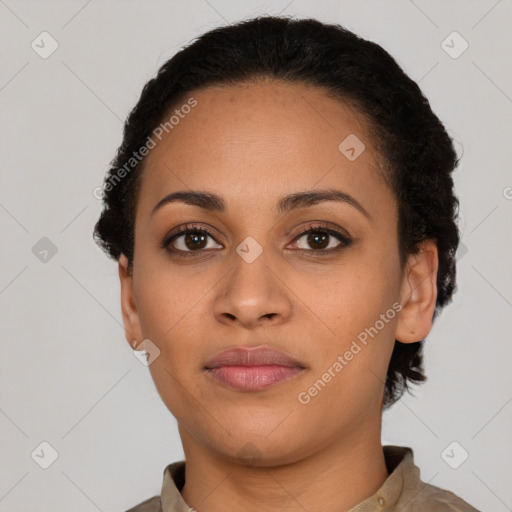 Neutral latino young-adult female with short  black hair and brown eyes