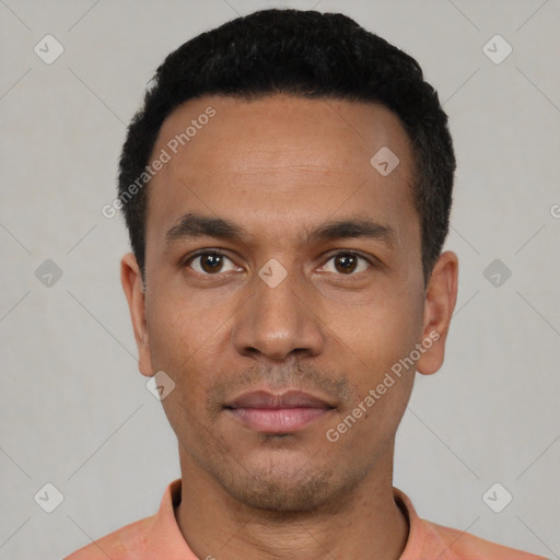 Neutral latino young-adult male with short  black hair and brown eyes
