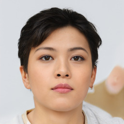 Neutral asian young-adult female with medium  brown hair and brown eyes