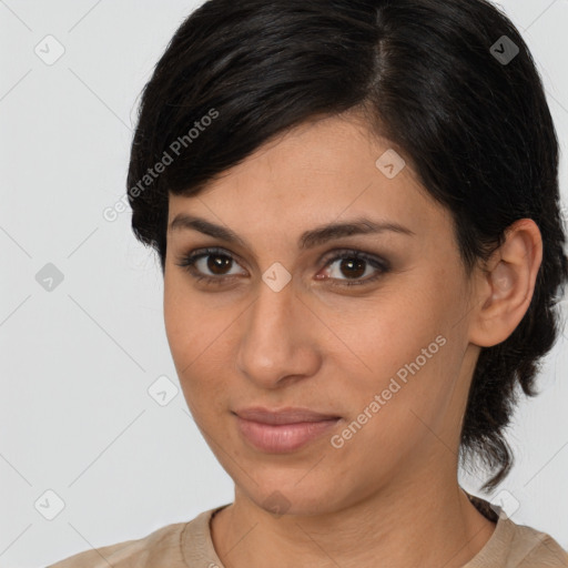 Joyful white young-adult female with medium  brown hair and brown eyes