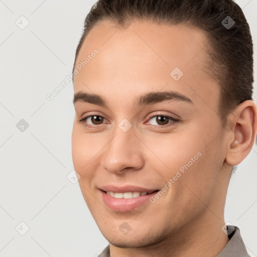 Joyful white young-adult female with short  brown hair and brown eyes