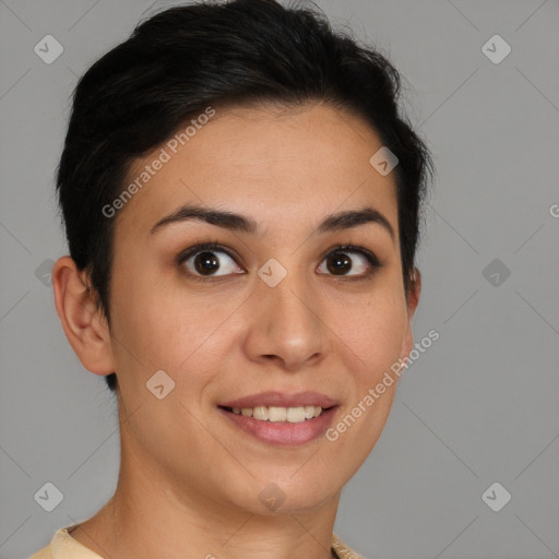 Joyful white young-adult female with short  brown hair and brown eyes