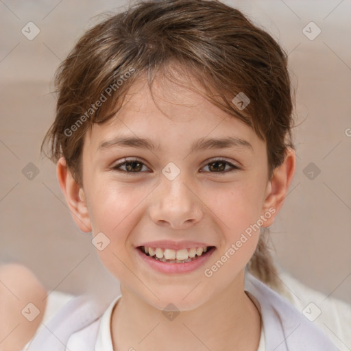 Joyful white child female with short  brown hair and brown eyes