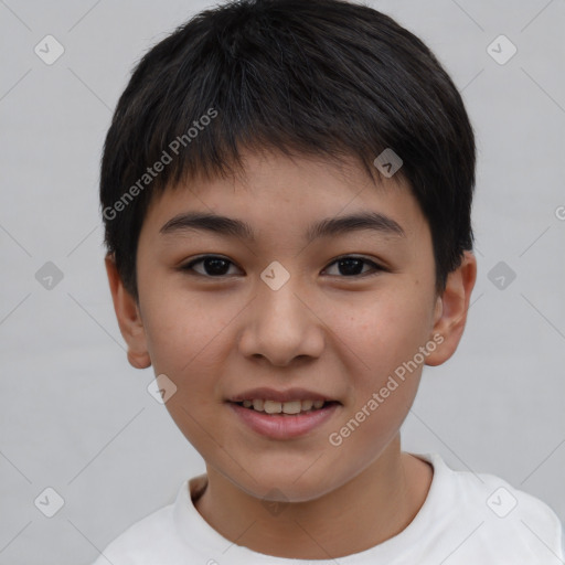 Joyful white child female with short  brown hair and brown eyes