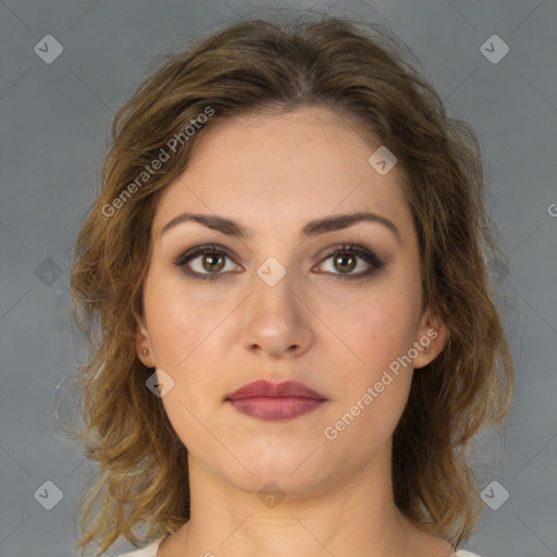 Neutral white young-adult female with medium  brown hair and brown eyes