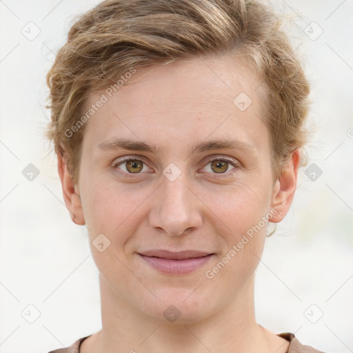 Joyful white young-adult female with short  brown hair and grey eyes