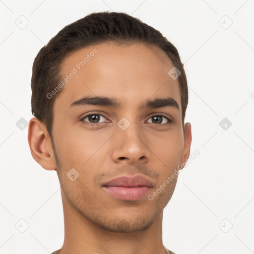 Neutral latino young-adult male with short  brown hair and brown eyes