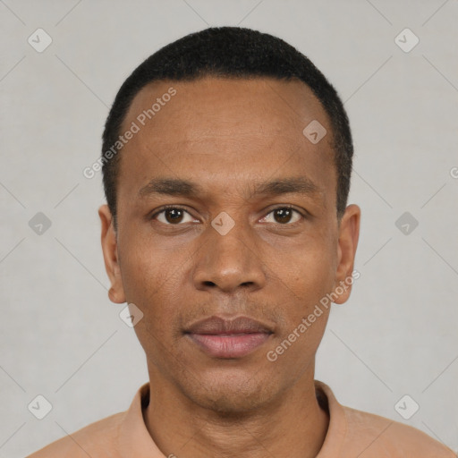 Neutral black young-adult male with short  black hair and brown eyes