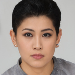 Neutral asian young-adult female with short  black hair and brown eyes