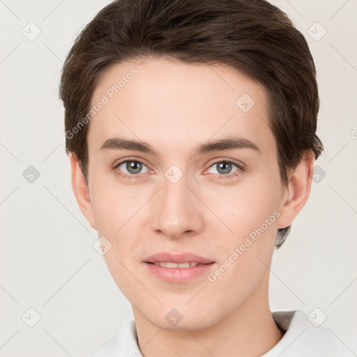 Neutral white young-adult male with short  brown hair and brown eyes