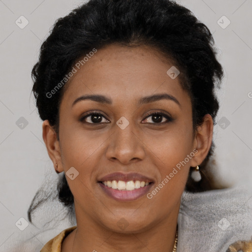 Joyful latino young-adult female with short  black hair and brown eyes