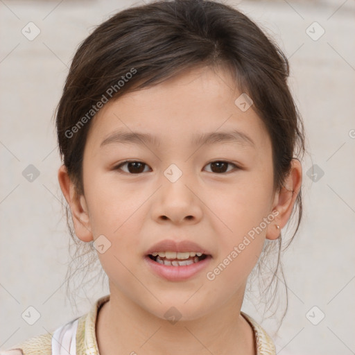 Joyful white child female with medium  brown hair and brown eyes