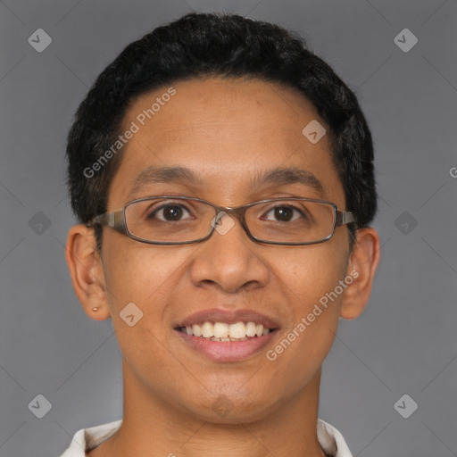 Joyful latino adult male with short  brown hair and brown eyes