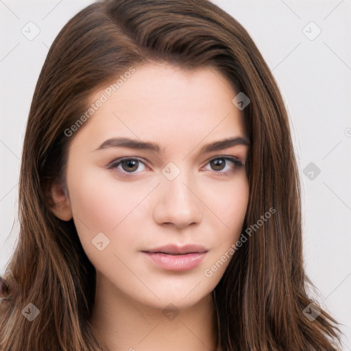 Neutral white young-adult female with long  brown hair and brown eyes