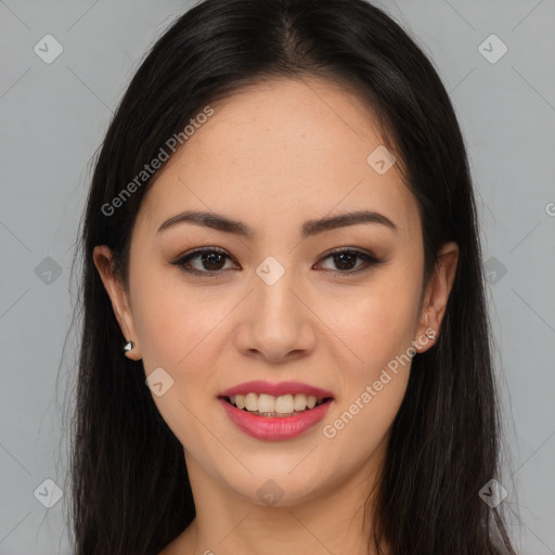 Joyful latino young-adult female with long  brown hair and brown eyes