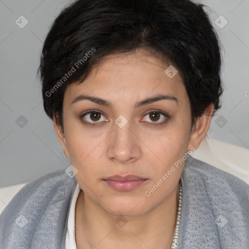 Neutral white young-adult female with short  brown hair and brown eyes