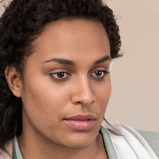 Neutral white young-adult female with short  brown hair and brown eyes