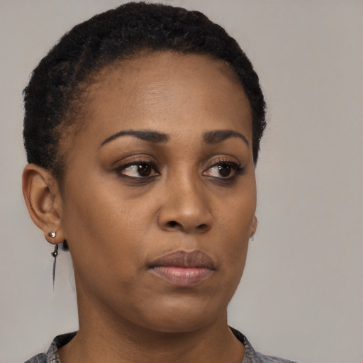 Neutral black young-adult female with short  black hair and brown eyes