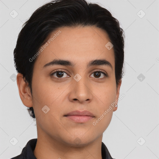 Neutral latino young-adult male with short  black hair and brown eyes