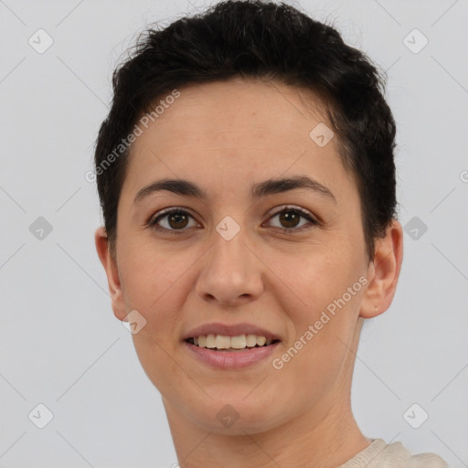 Joyful white young-adult female with short  brown hair and brown eyes