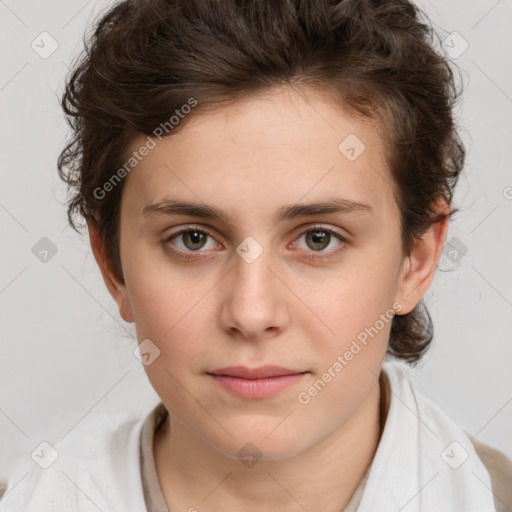 Neutral white young-adult female with short  brown hair and brown eyes