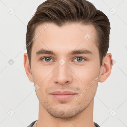 Neutral white young-adult male with short  brown hair and brown eyes